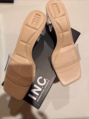 INC International Concepts Beige Clear-Strap Square-Toe Slide Sandals